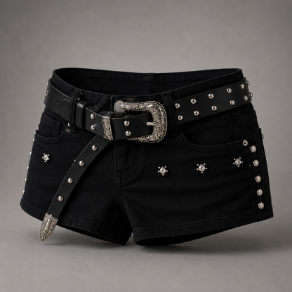 Midnight Rebel Jeansshorts mit Nietenbesatz