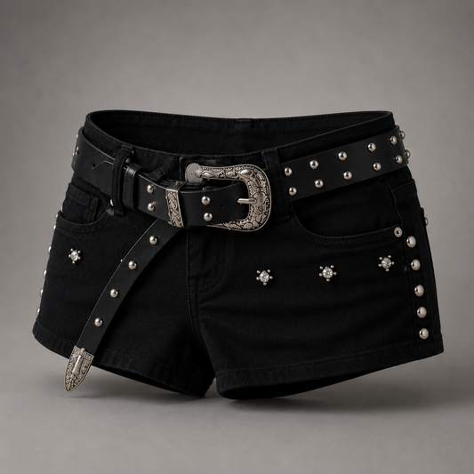 Midnight Rebel Jeansshorts mit Nietenbesatz